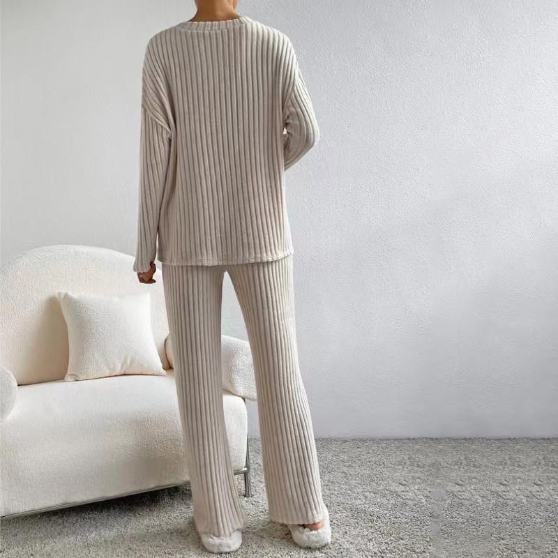 Autumn and Winter Two-piece Fashion Casual Straight Trousers Temperament Loose V-neck Pit-stripe Knitting Suit