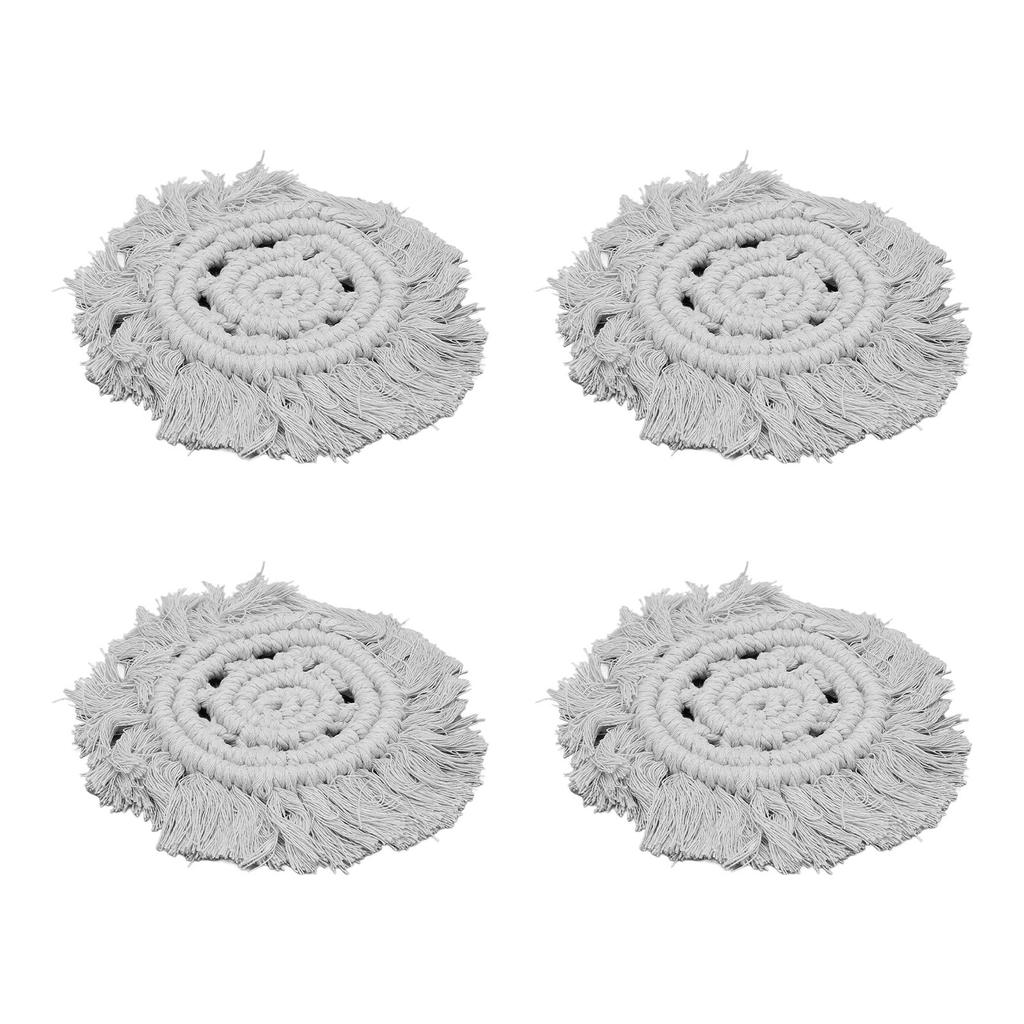 4pcs Cotton Thread Woven Drink Coasters with Tassel Round Pure Color Elegant   Lipstick Pot Pads Mats