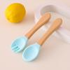 Детская деревянная ручка силиконовая вилка и ложка Главная Дополнительный набор деревянная ручка силиконовая вилка и ложка детская ложка для кормления устойчивая к падениям