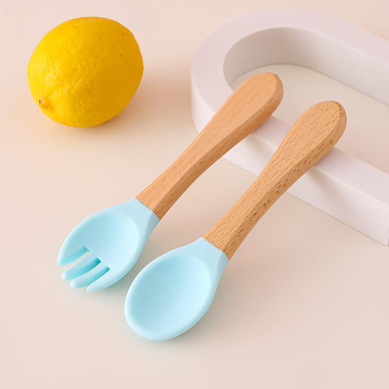 Детская деревянная ручка силиконовая вилка и ложка Главная Дополнительный набор деревянная ручка силиконовая вилка и ложка детская ложка для кормления устойчивая к падениям