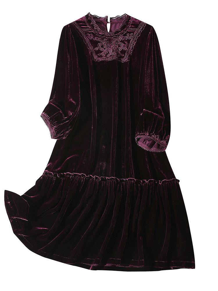 Женское платье из золотого бархата Весна Осень Круглый вырез Однотонное А-силуэт Платье Миди Длины