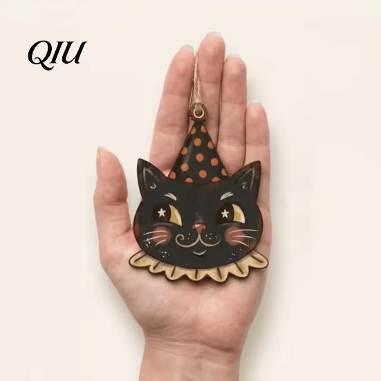 Halloween Wooden Ornaments 6 Pcs Vintage Ornaments, Rustic Farmhouse Cat Owl Pumpkin Hanging Decorations for Party Ghost Tree Home Decor Style