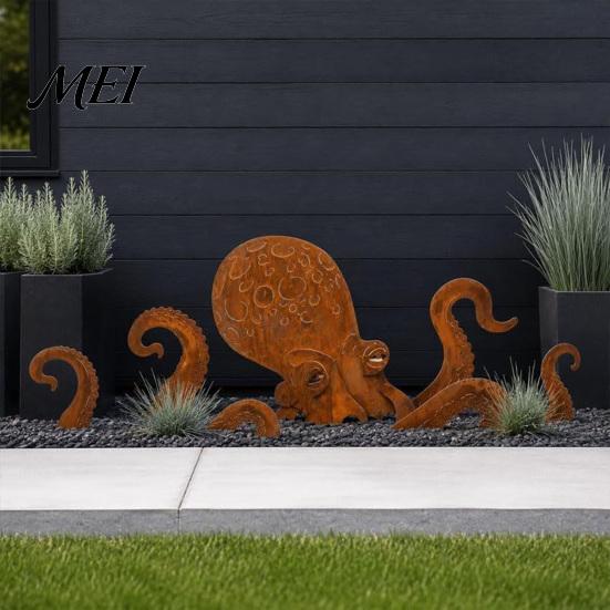 Octopus Garden Ornament Rust Patina Giant Squid Sculpture, 3D Metal Nautical Outdoor Patio Decoration Statue for Lawn Beach House Decor