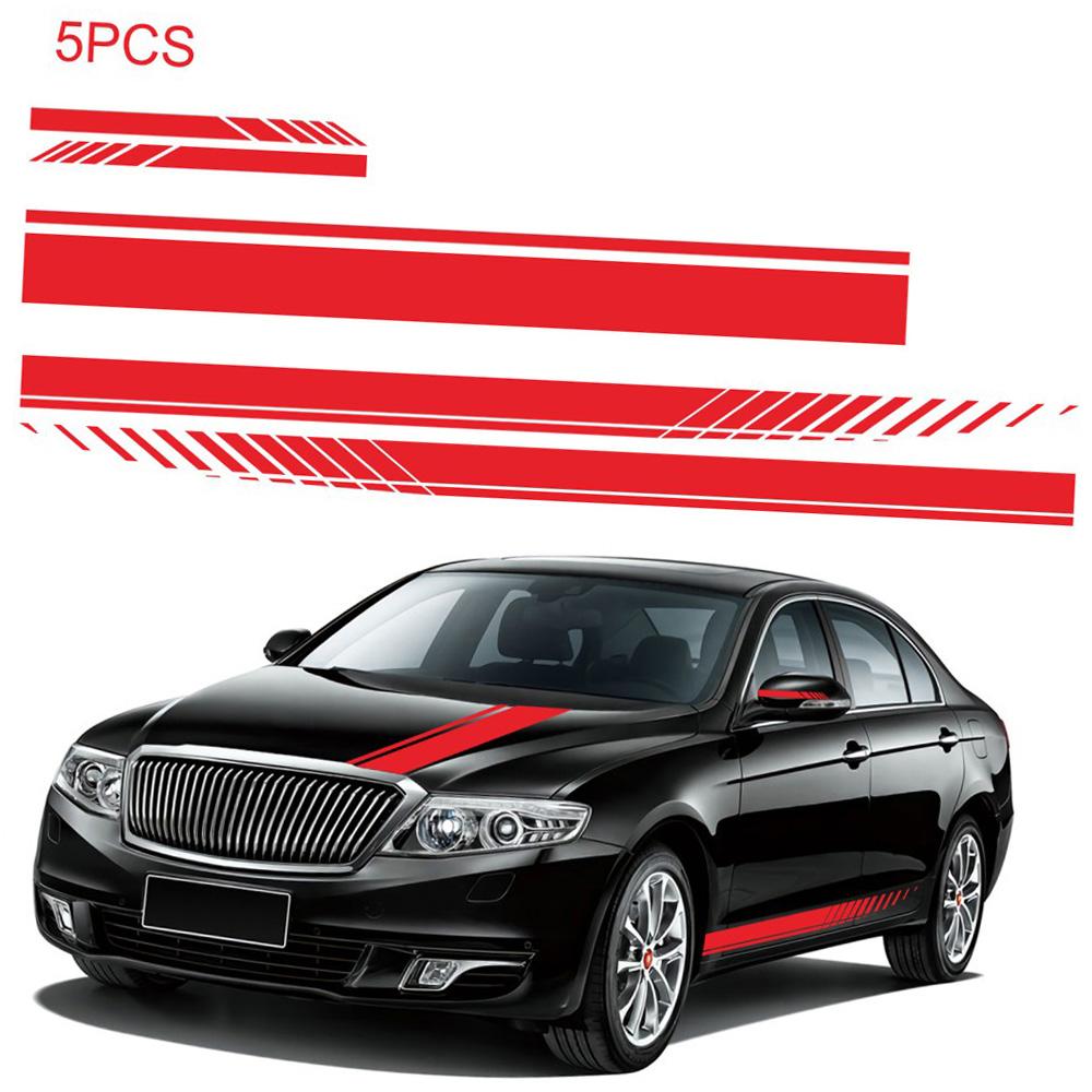 5 PCS Universal Red Car Racing Body Side Stripe Skirt Roof Hood Decal Sticker for All Cars PVC Decal