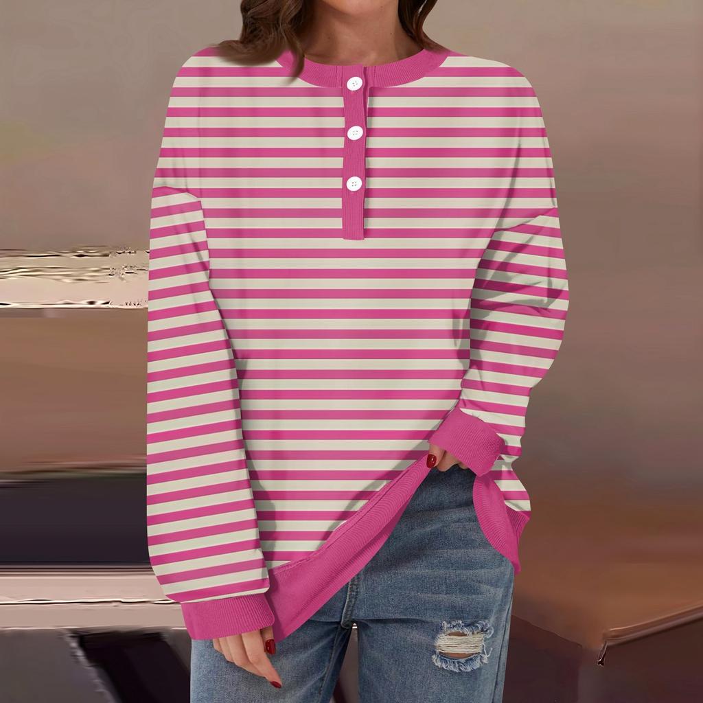 Женская повседневная мода удобная полосатая футболка с длинным рукавом и круглым вырезом на пуговицах, свободный подол с боковыми разрезами