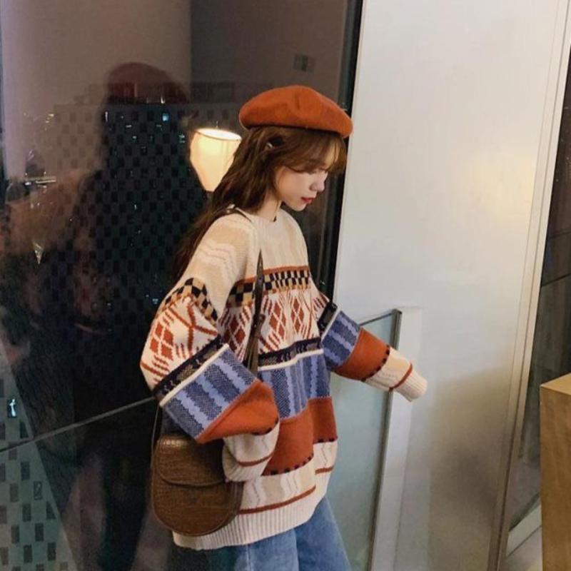 Women Striped Spliced Long Sleeved Sweaters Korean Retro Artistic Loose Knit Tops Autumn Casual Versatile Woman Pullover Sweater