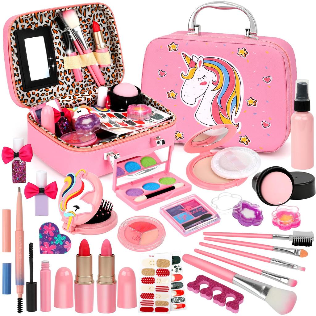 Flybay Kids Washable Real Makeup Kit, 25-Piece Unicorn Case Pretend Play Cosmetics Set