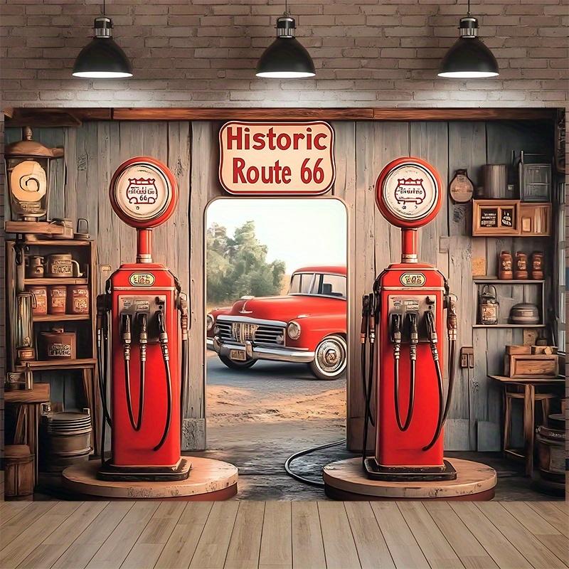 Retro Route 66 Tapestry Wall Hanging Vintage Gas Station Car Theme Banner Weather-Resistant Party Backdrop Nostalgic Home Decor