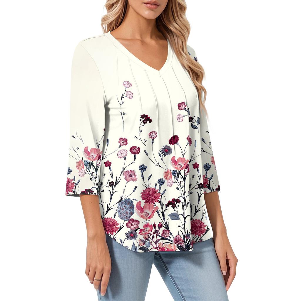 Women's Casual Tops V Neck Pull Stripe Prints Seven Sleeve Tops