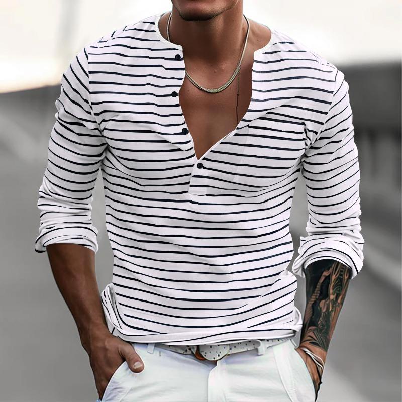 Men Striped Henley Shirt Long Sleeve Casual Button Down V Neck Tee