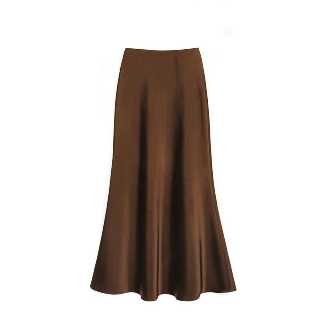 French Elegant Satin Maxi Skirt for Women, High Waist Slim Fit A-Line Long Skirt, Draped Casual Skirt for Spring Autumn