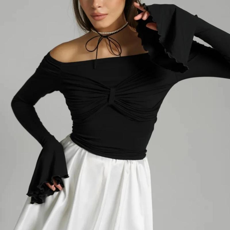 Европейские и американские женщины весна-лето лотос длинный рукав открытый плечо тонкий и сексуальный тонкий топ