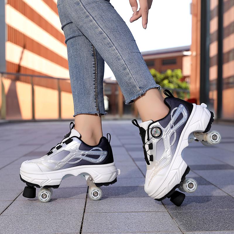 35-44 Boys/ Mens Skate Shoes Walking Shoes Four-wheeled Roller Skates for Women One-button Retractable Adult Double-row Deformation Shoes