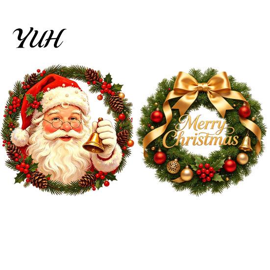 Festive Garland Decorations Christmas Wreath Window Stickers, Retro Santa Claus PVC Decals, Waterproof Decorative Seasonal Storefront Display