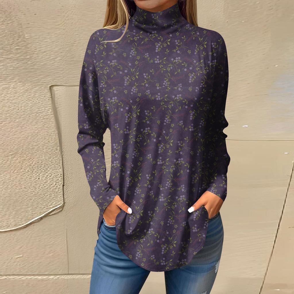 Футболки для женщин, осенние повседневные рубашки с длинными рукавами, толстовка с винтажным принтом, топ с высоким воротом, пуловер