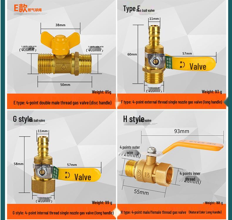 Thickened 4-Point Gas Ball Valve for Natural Gas and Water Heaters, Internal/External Thread.