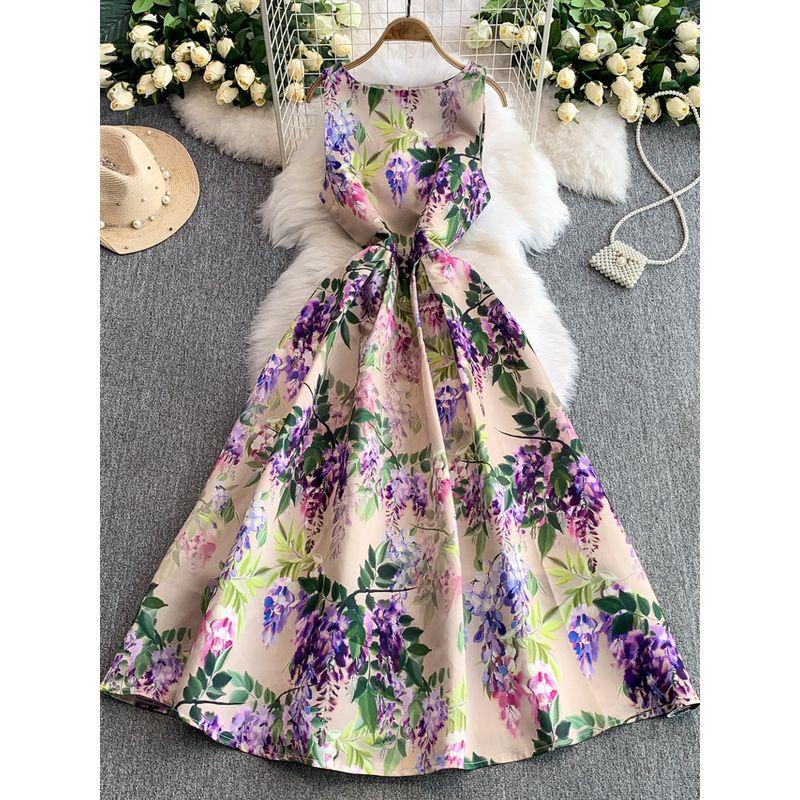 High End Temperament Sleeveless Formal Dress Dress Women Summer New High Sense Print Waist Hugging Slimming Puffy Big Hemline Long Dress