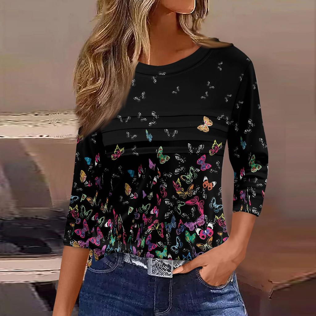 Футболки для женщин, плиссированные, с круглым вырезом, нарядные, повседневные, блузки с принтом, рукав 3/4, летние топы, свободный крой