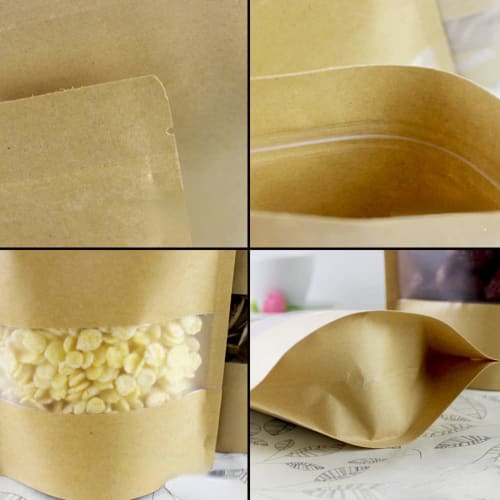 Itisyou Airtight Food Storage Bags, Zip-Up Bags, Freestanding Bags for Snacks, Kraft Paper Bags with Window, Kraft Paper Bags, 9 x 14cm, Pack of 100