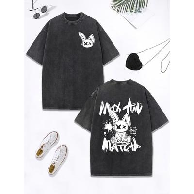 Футболка женская хлопковая оверсайз с принтом граффити «Кролик», вываренная, удобная, с круглым вырезом, одежда