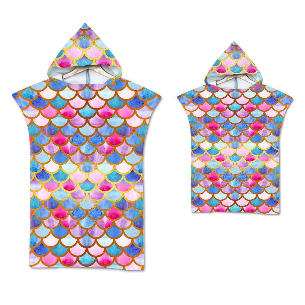 Радужная чешуя Микрофибра Пляжное полотенце Быстросохнущий Плащ с капюшоном Полотенца для гидрокостюма Взрослые Дети Родитель-ребенок Пончо Халат для плавания серфинга