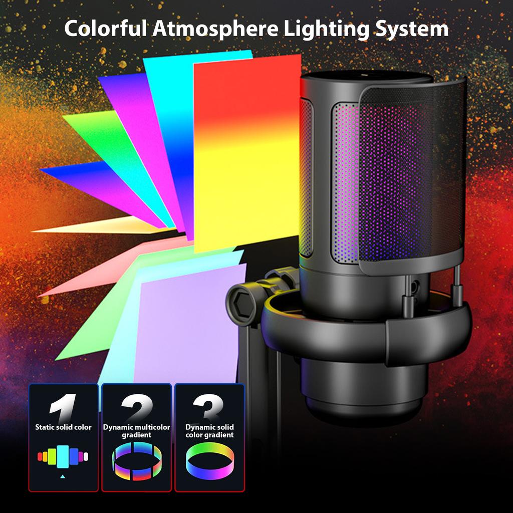 Gaming Microphone USB Microphone Set for PC Condenser Mic Gain Control Colorful Atmosphere Lighting