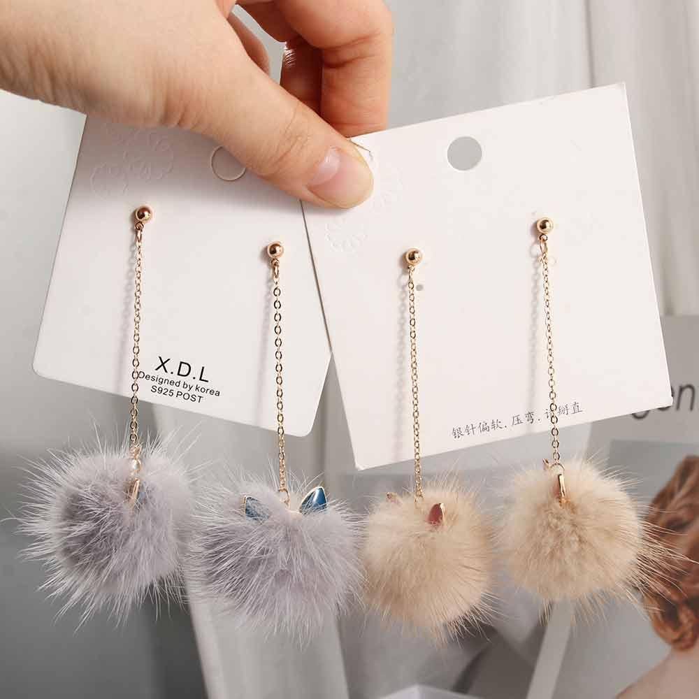 Statement Mink Fur Ball Plush Korean Brincos Fashion Jewelry Long Drop Earrings Dangle Earrings