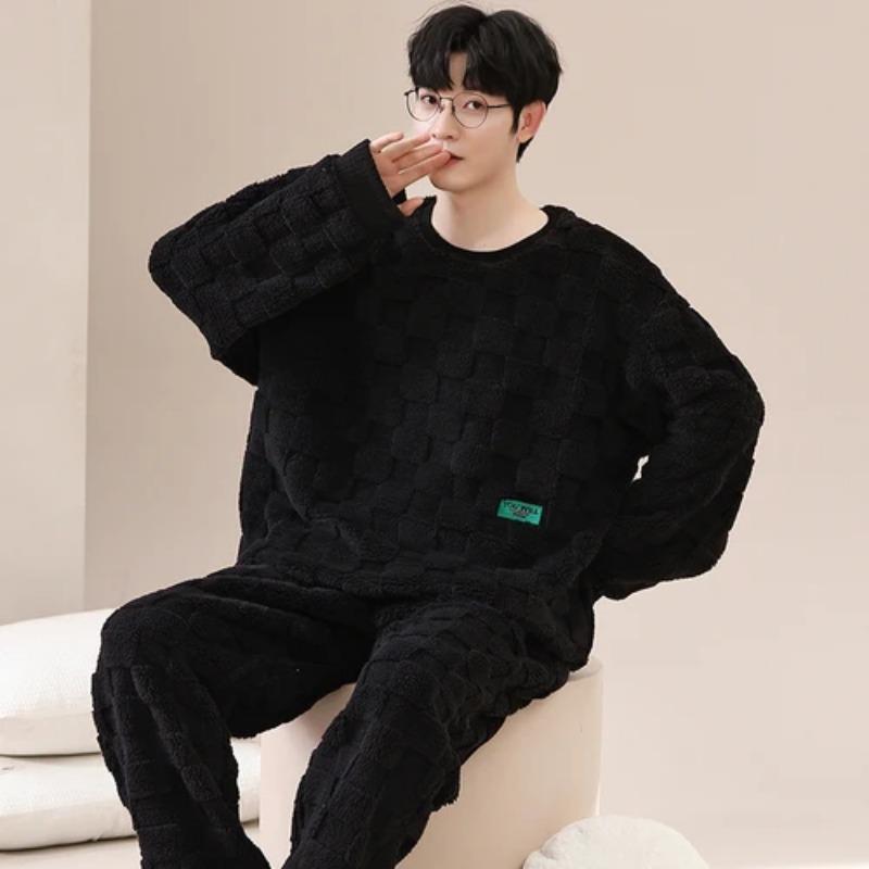 Autumn and Winter Flannel Pajamas Men's Thicken Coral Fleece Youth Student Warm Korean Pijamas Casual Loungewear