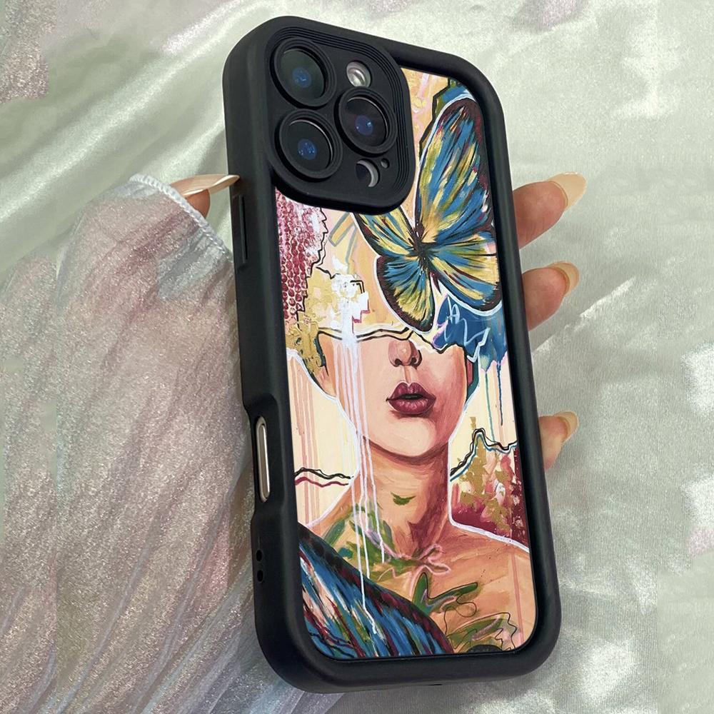 JT583 Woman Face Butterfly Original Oil Painting for iPhone 17 16 15 Pro Max Samsung S26 S25 Ultra A17 A07 A56 A16 Xiaomi 15T Redmi 15c 14C Soft Case