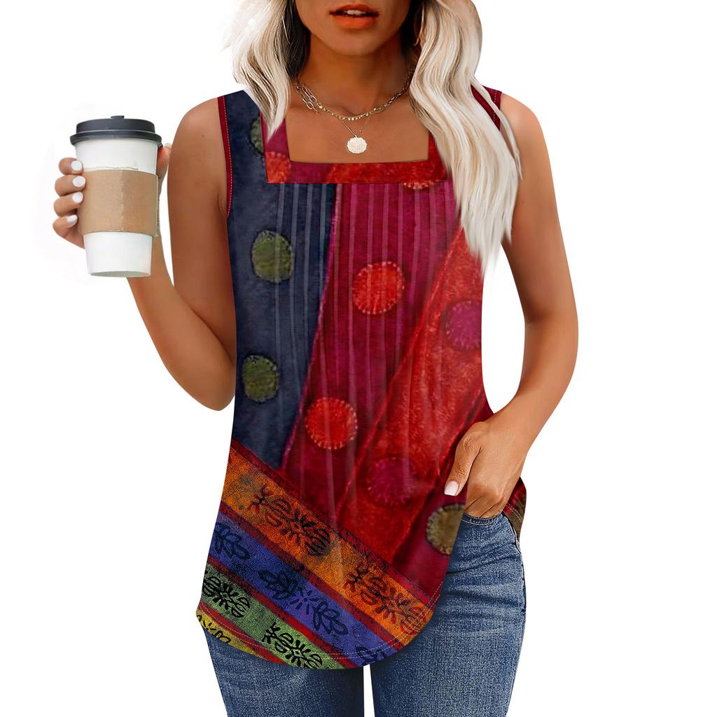 Майка для женщин Летние наряды Без рукавов Блузки с принтом Повседневные свободные рубашки Плиссированные квадратные вырезы