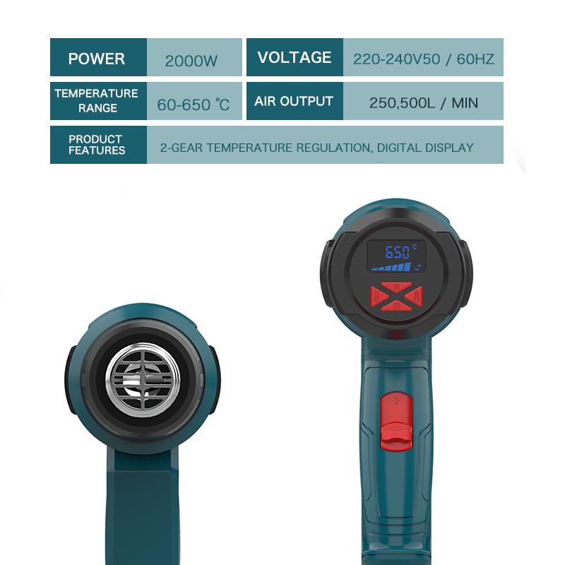 Строительный фен 60-650 градусов Регулировка температуры Фен горячего воздуха с ЖК-цифровым дисплеем Защита от перегрева для термоусадочной трубки