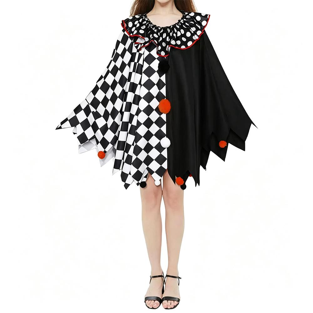 Clown Cosplay Costume Cloak Color-blocked Polka-dot Diamond Fun Joker Cape Ruffled Collar Cheerful Theme Party Halloween Set