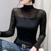 Half High Neck Autumn and Winter Plus Velvet Mesh Top Women's Long Sleeved Lace Inner Bottom Shirt Slim Fit T-shirt