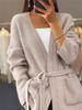 Женский однотонный вязаный кардиган осень/зима 2024 года с карманами и шнуровкой