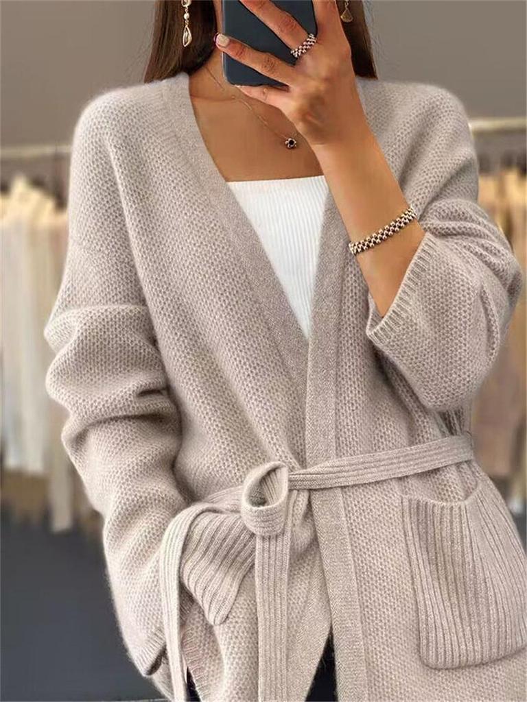 Женский однотонный вязаный кардиган осень/зима 2024 года с карманами и шнуровкой