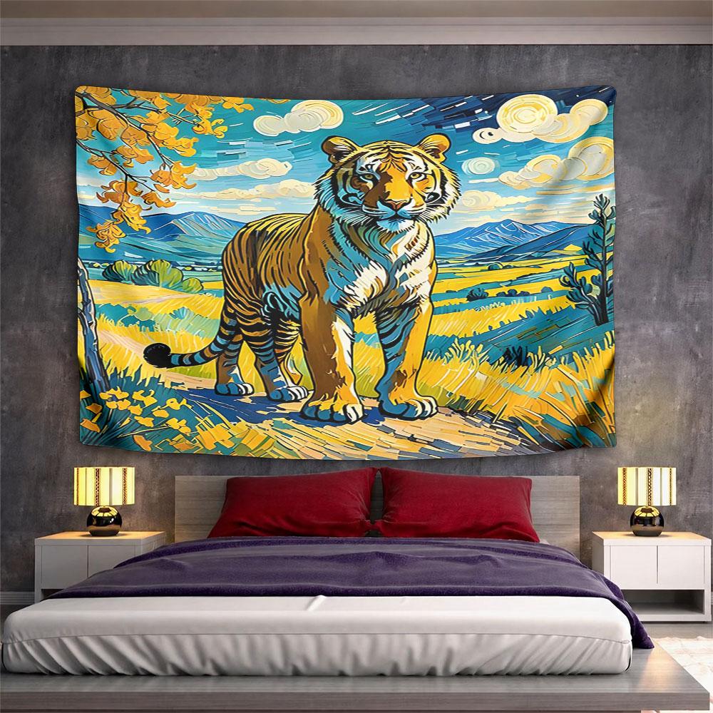 Colorful Tiger in Vibrant Landscape Painting Pattern Wall Hanging Tapestry Decorative Tapestry Home Decor for Bedroom and Living Room