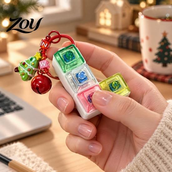 Clicky Button Stress Toy Christmas Mechanical Keyboard Fidget Keychain, Push Relief Tactile Feedback Tool with Reindeer Bell Charm, Backpack Accessory