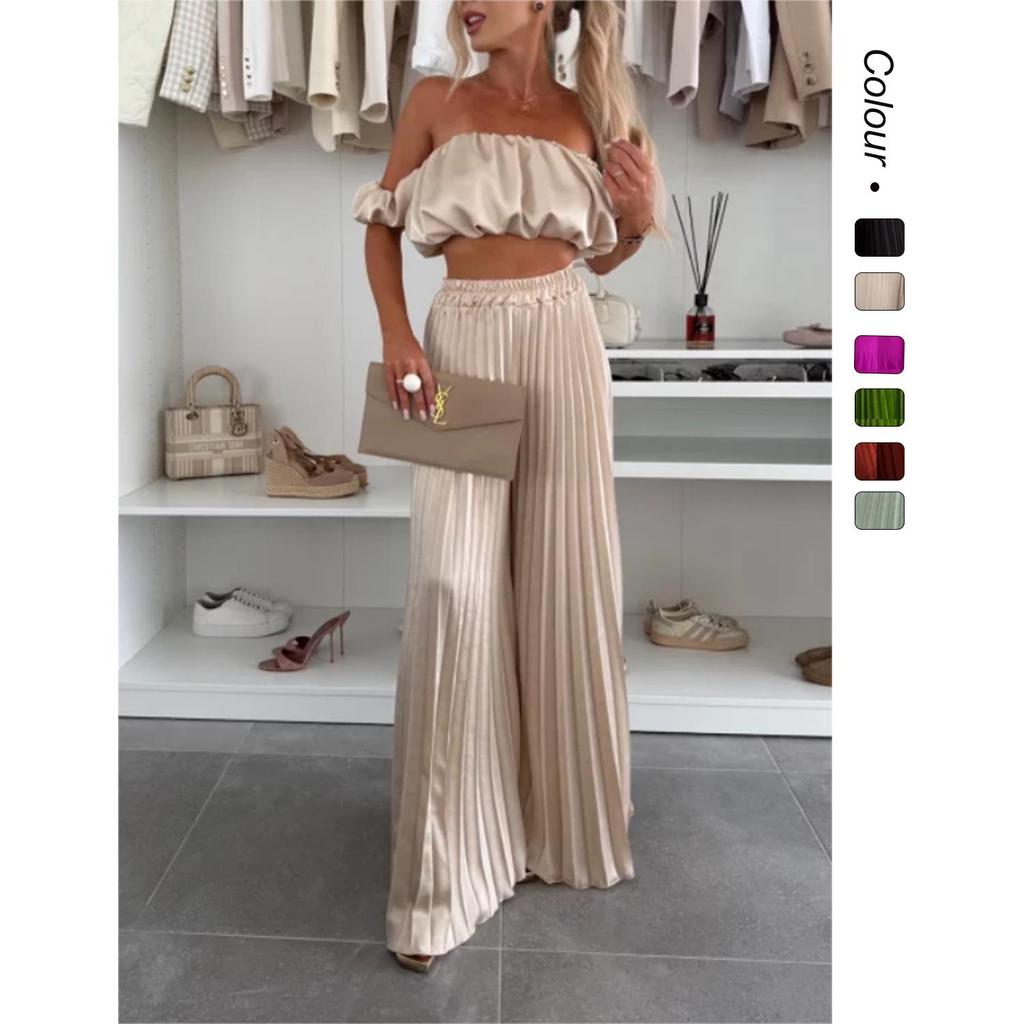Elegant 25th Anniversary Strapless Pleated Long Pants Set In Solid Color