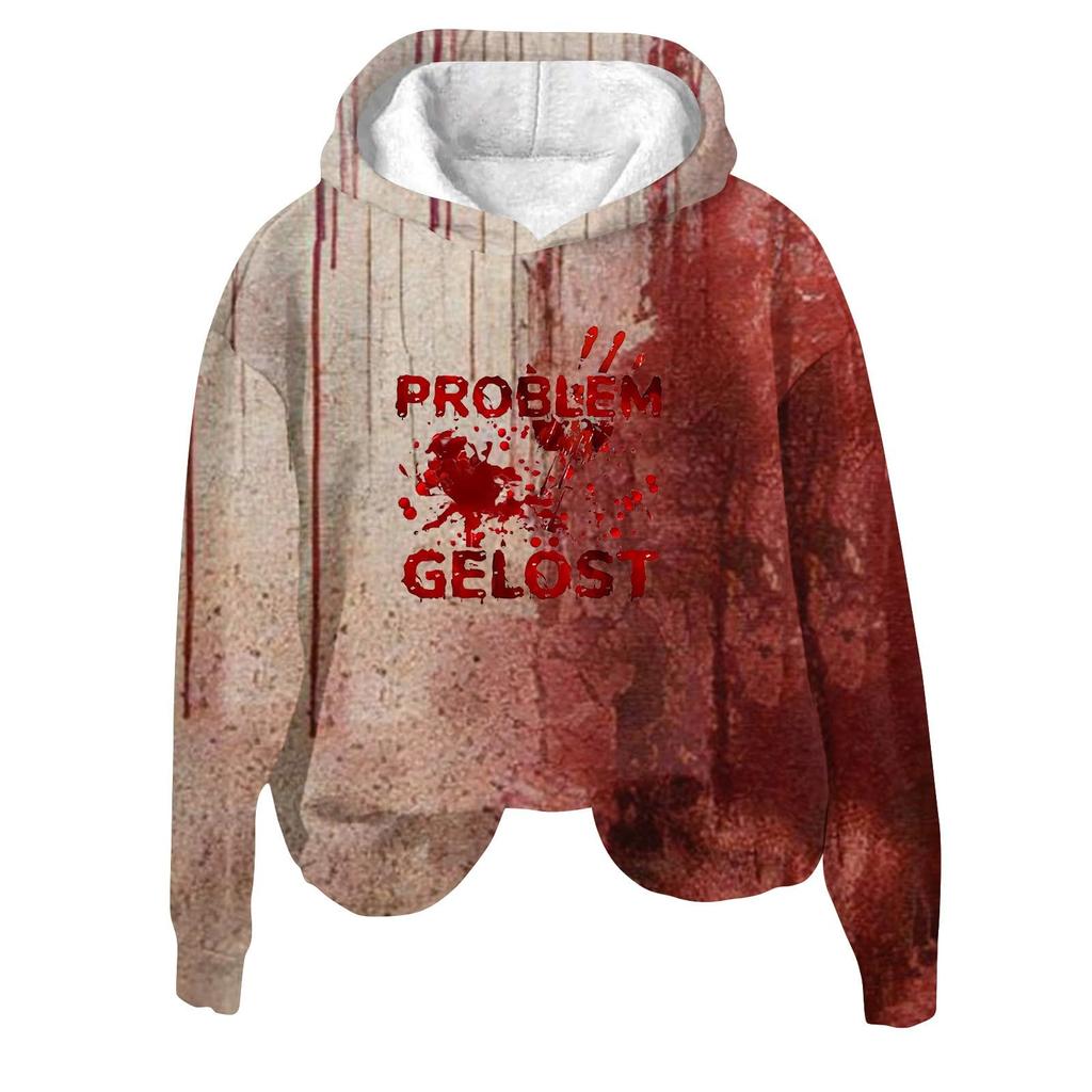 Women's 3D Bloody Letters Printed Long Sleeved Loose Hooded Sweatshirt New Halloween Ladies Casual Long Sleeved Pullover