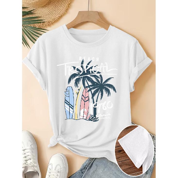 Women's Elegant Short Sleeve Gift with Coconut Tree Surfboard California Beach Print Pattern Vintage Round Neck T Fresh and natural style
