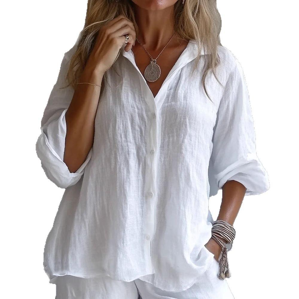Весенне-летние женские топы из льна, однотонные, с V-образным вырезом, с длинными рукавами, повседневные блузки и рубашки