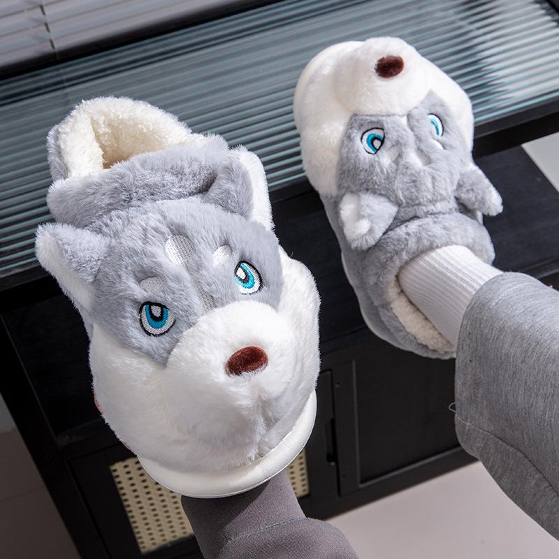 Fashion New Unisex Husky Cartoon Slippers Winter Plush Lined Anti-Slip Indoor Home Shoes Warm Comfortable Couples Fuzzy House Booties