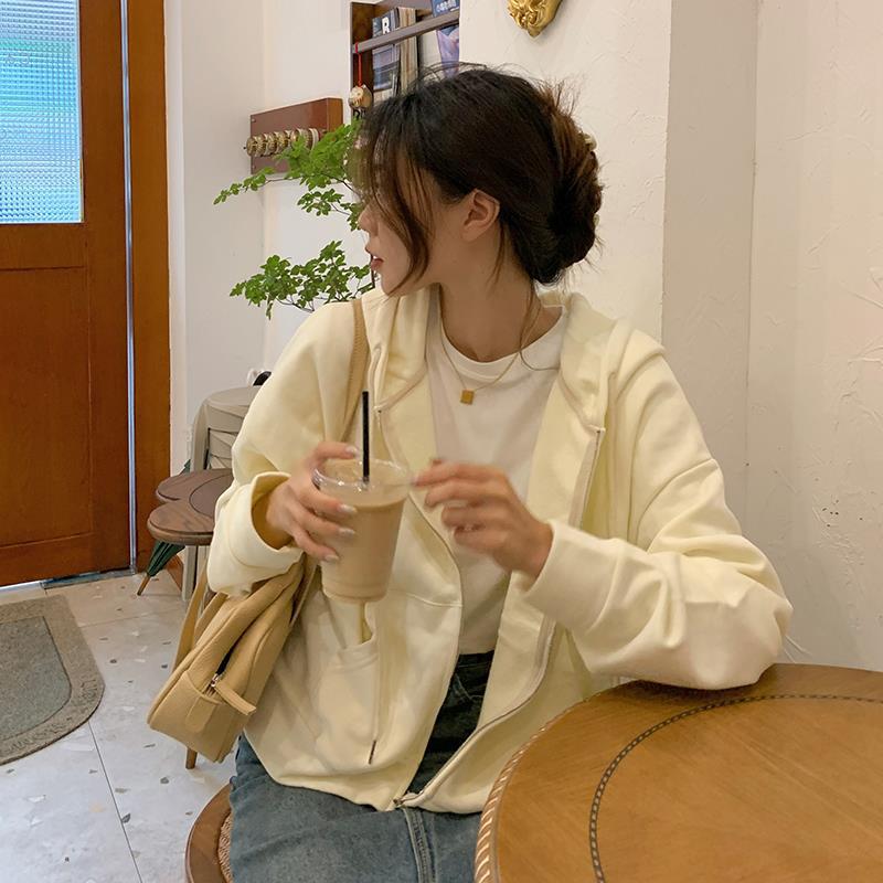 Повседневное пальто для женщин на весну и осень, корейская версия, простой однотонный тонкий кардиган с капюшоном, 100 одинаковых топов