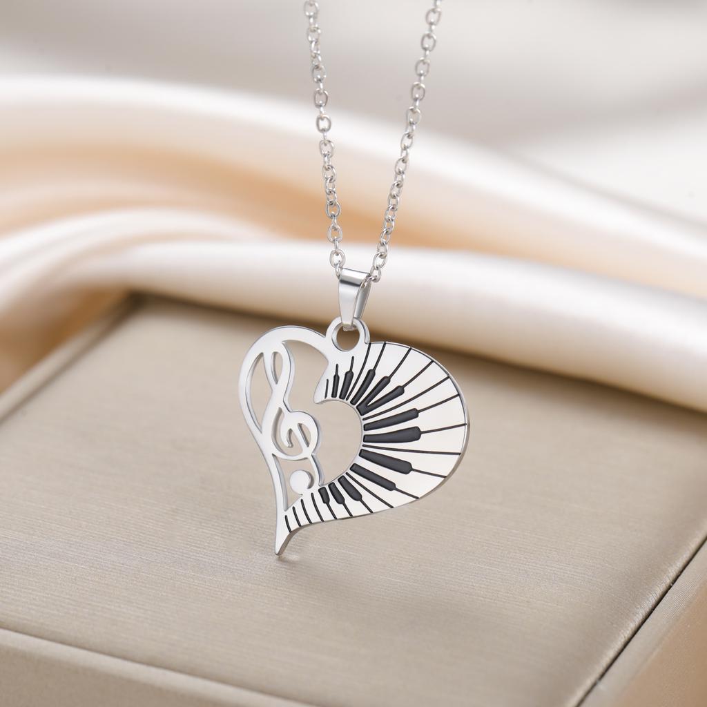 Cazador Trendy Music Note Heart Pendant Necklace for Women Piano Keyboard Chain Stainless Steel Jewelry Music Lovers Gifts