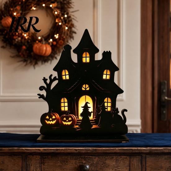 Black Cat Halloween Ornament Witch Wooden Table Centerpiece, Spooky Castle Standing Durable Silhouette Tabletop for Party, Desk Tiered Tray