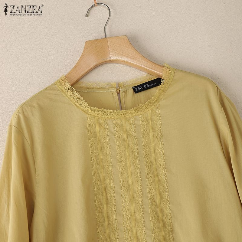 ZANZEA Женская повседневная блузка из хлопка с круглым вырезом и рукавом 3/4