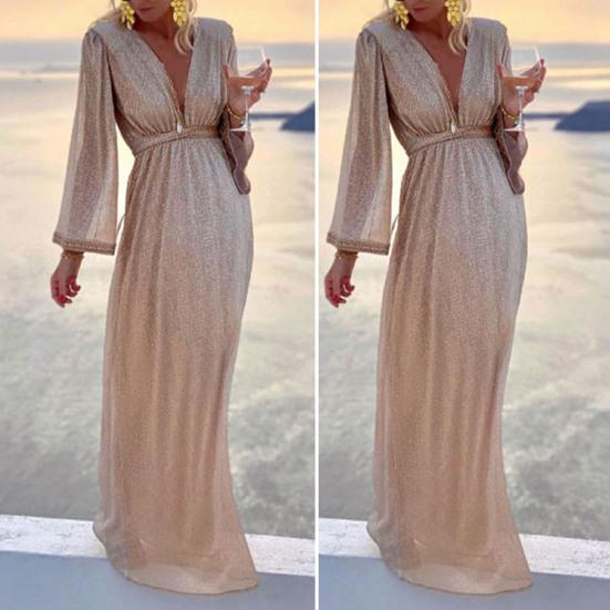 Платье вечернее в пол с глубоким V-образным вырезом, длинными рукавами, облегающее талию, с высокой талией, расшитое блестящими пайетками