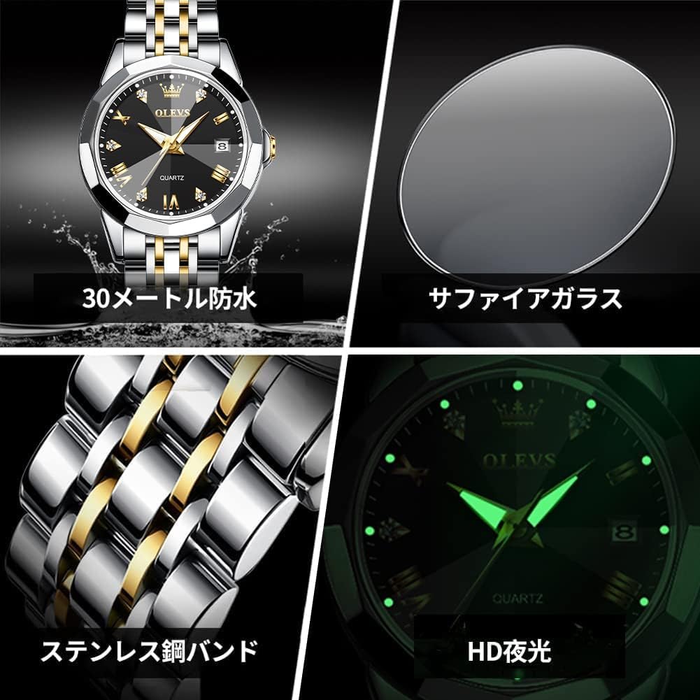 OLEVS Diamond Arm Watch Stylish Popular Quartz Analog Business Date Waterproof Luminous watches for men Men's Men's (Black White-9931)