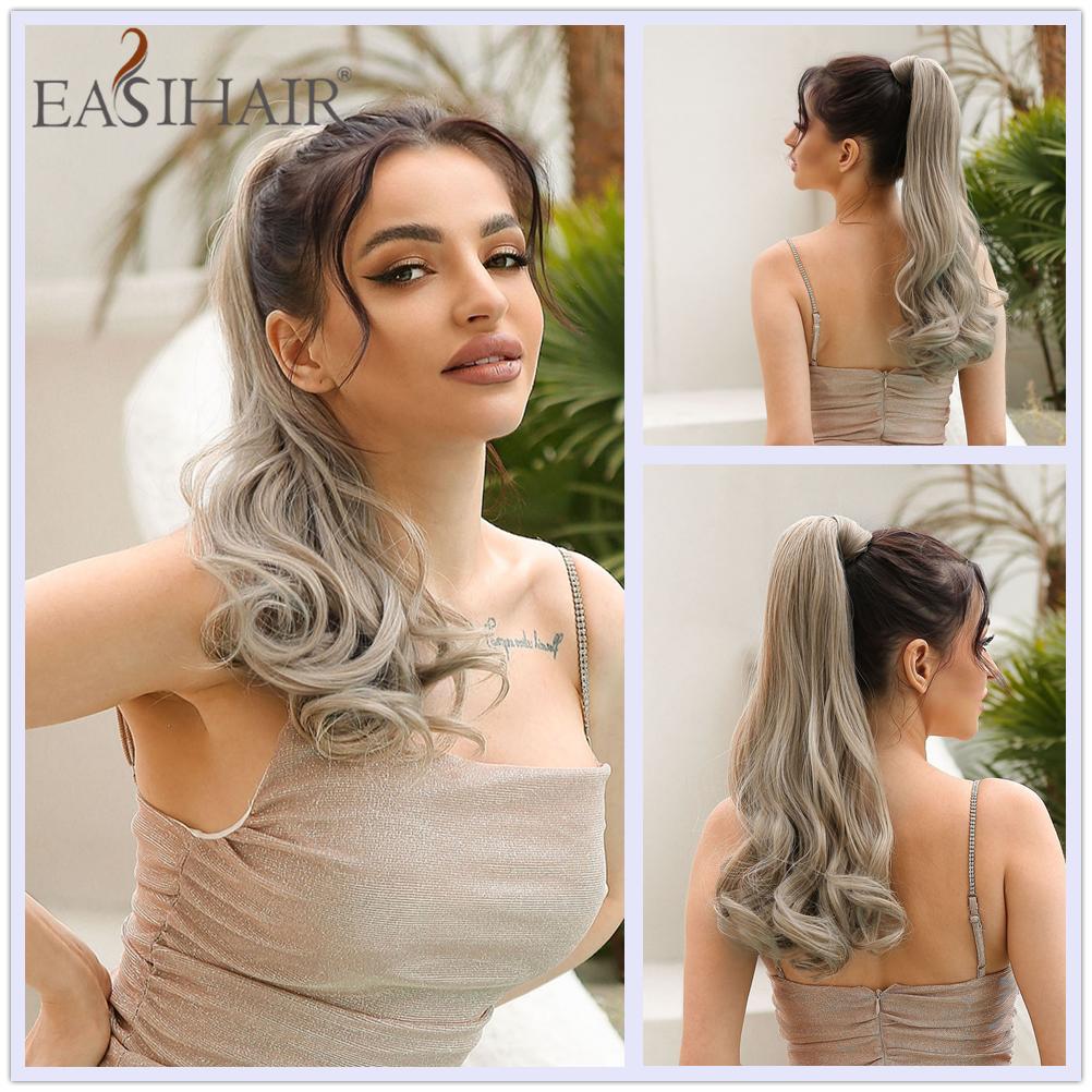 EASIHAIR Длинные волнистые вьющиеся волосы с заколкой в ​​хвосте для наращивания волос Синтетический конский хвост Накладные волосы Коричневые платиновые накладные афро-шиньоны Парик