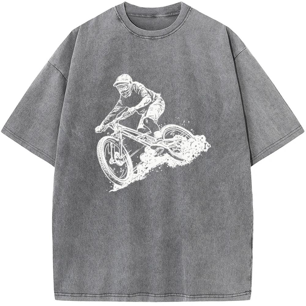 Футболка мужская с принтом «Езда на велосипеде», хлопковая, стираная, с круглым вырезом, новинка, повседневная, свободная, отбеленная футболка